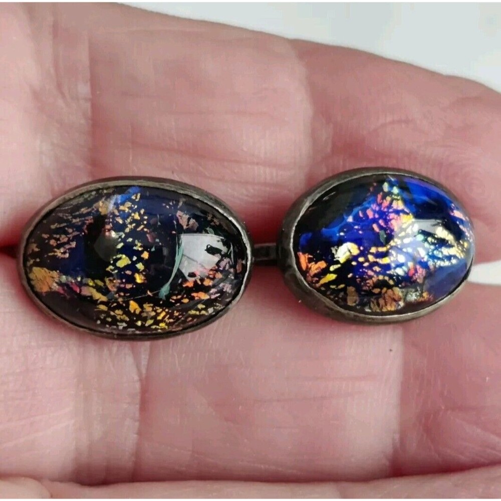 Vintage Oval 925 Sterling Dichroic Glass Screwback Earrings